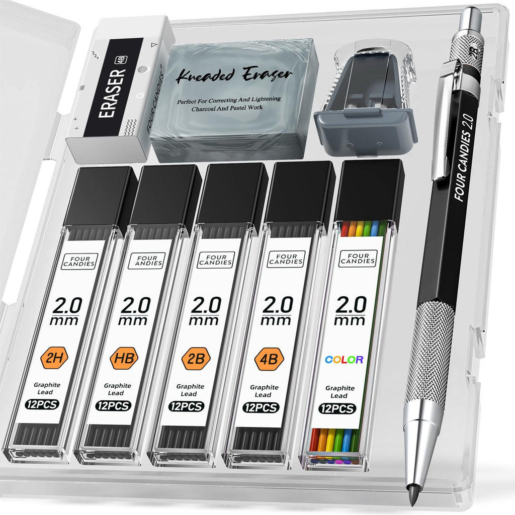 Mechanical pencil set with lead refills, eraser, sharpener, and case. Includes 2.0mm leads in various grades and colors.