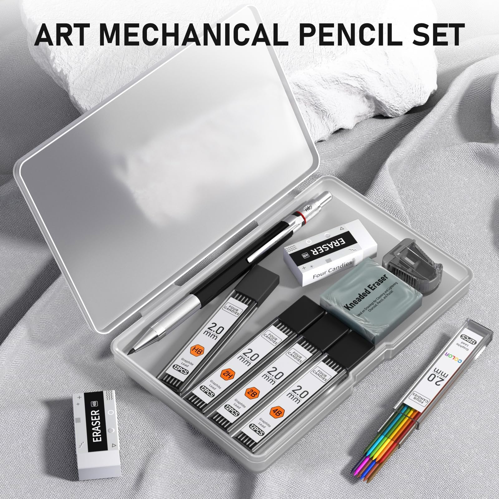 Mechanical pencil set with lead refills, erasers, sharpener, and case, shown open with contents laid out.