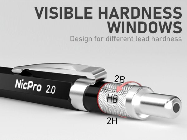Close-up of a black mechanical pencil with silver accents, showing lead hardness indicators HB, 2B, and 2H.