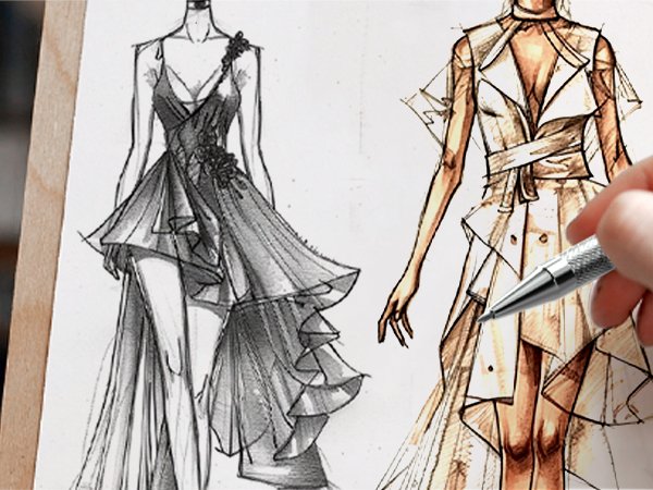 Fashion sketches of two dresses with a hand holding a mechanical pencil drawing on paper