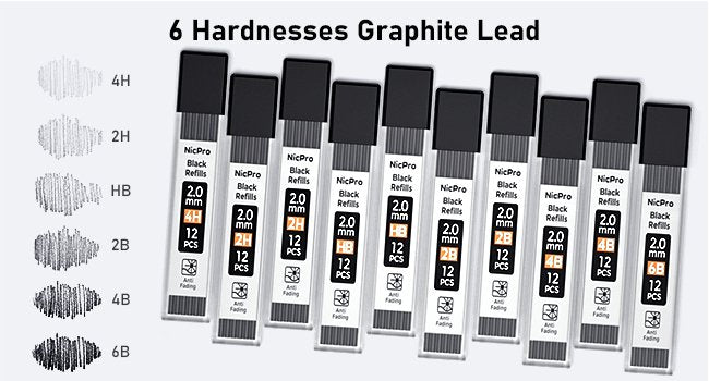 Graphite lead refills in various hardnesses with corresponding shading samples. Lead containers show hardness, 2.0mm size, 12 pieces per pack, and 'Anti Fading' text.