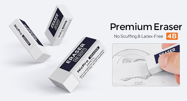 Three white erasers with dark blue labels, one in use erasing a sketch. Text on labels includes ' ERASER 4B-SOFT'.