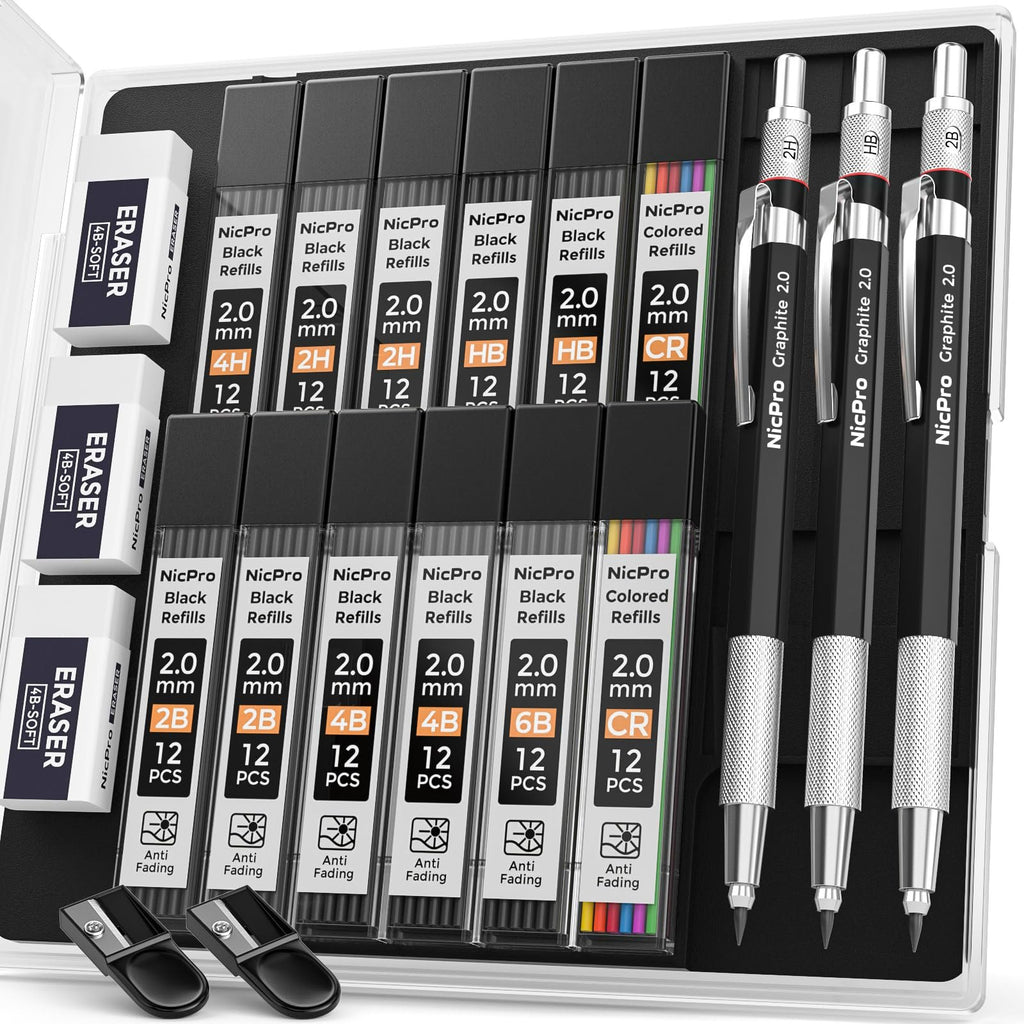 Mechanical pencil set with lead refills, erasers, and sharpeners in a case. Includes three pencils and multiple lead containers.
