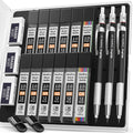 Mechanical pencil set with lead refills, erasers, and sharpeners in a case. Includes three pencils and multiple lead containers.