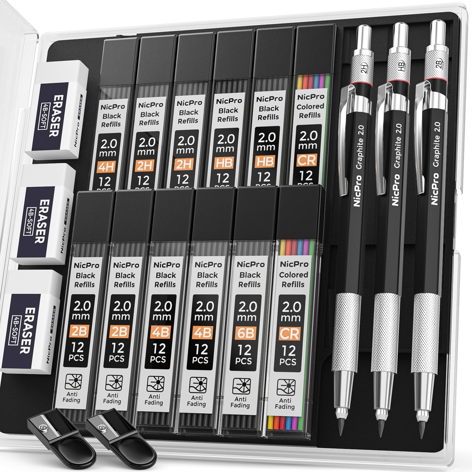 Mechanical pencil set with lead refills, erasers, and sharpeners in a case. Includes three pencils and multiple lead containers.