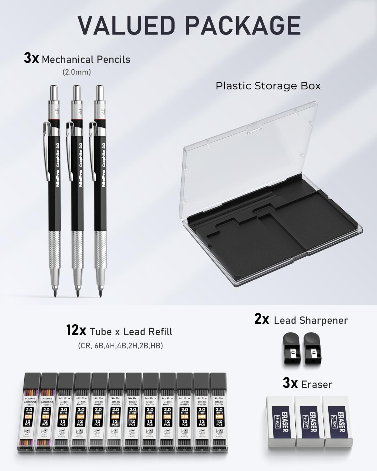 Set of 3 mechanical pencils, plastic storage box, lead refills, sharpeners, and erasers on a white background.