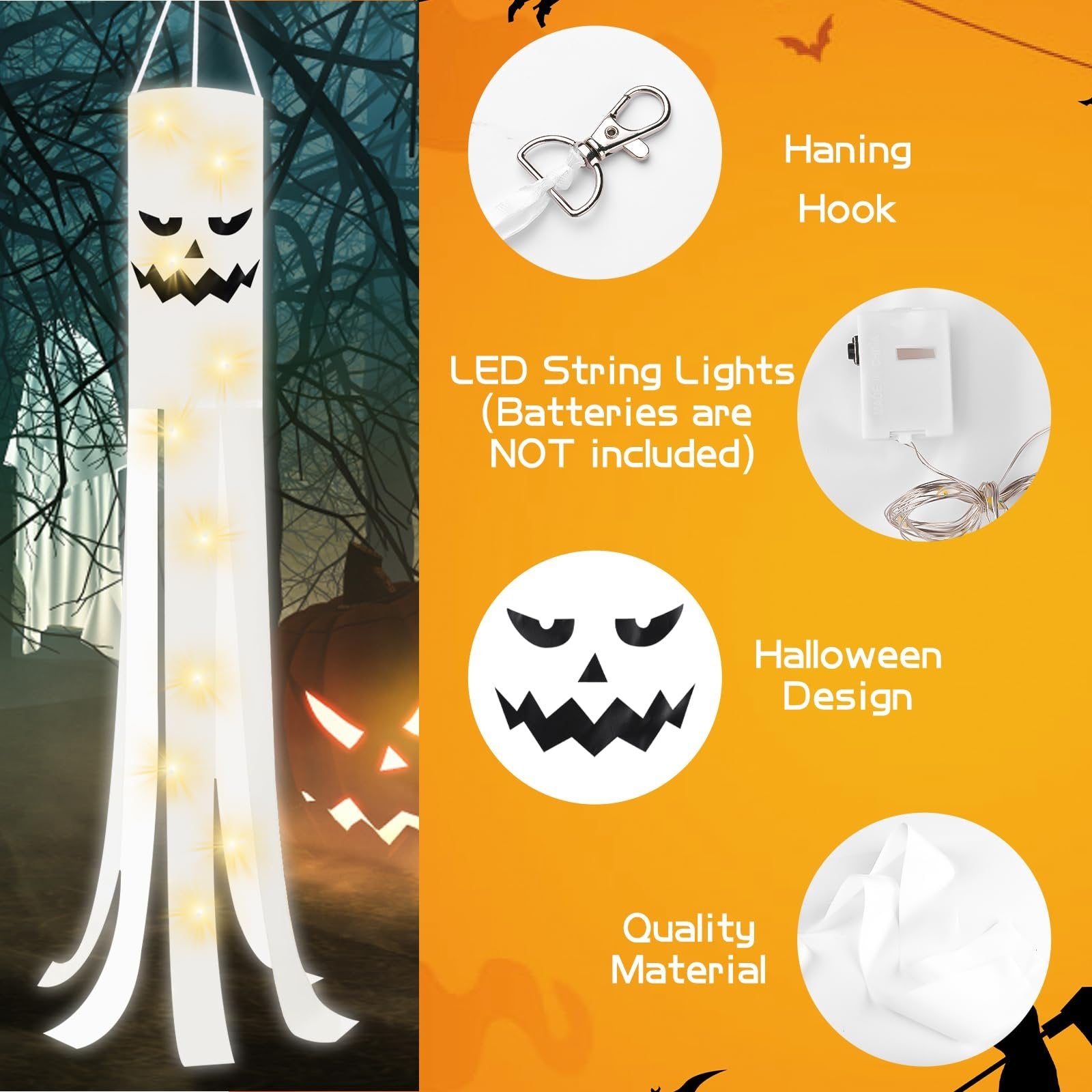 Halloween ghost windsock with LED lights hanging outdoors with a spooky pumpkin in the background.