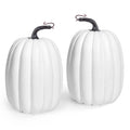 Two white artificial foam pumpkins with dark stems and curly brown tendrils, shown from the front on a white background.