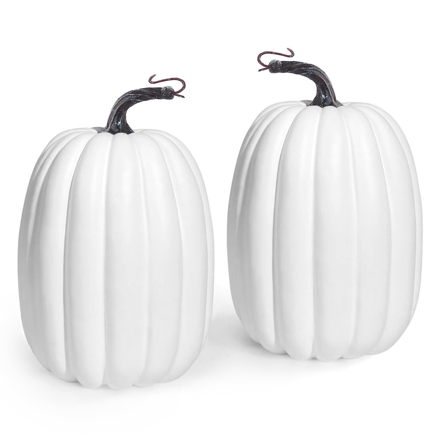 Two white artificial foam pumpkins with dark stems and curly brown tendrils, shown from the front on a white background.