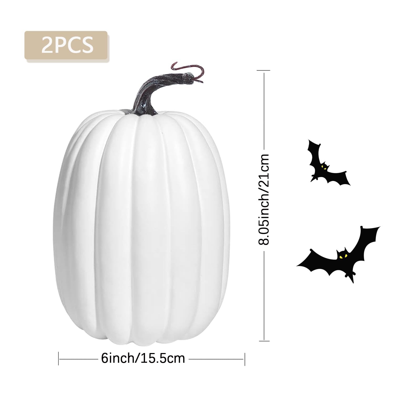 White artificial pumpkin with dimensions and two bat graphics