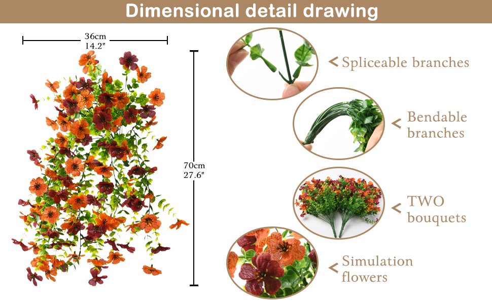 Artificial hanging flowers and eucalyptus leaves with dimensional detail drawing showing measurements and features.