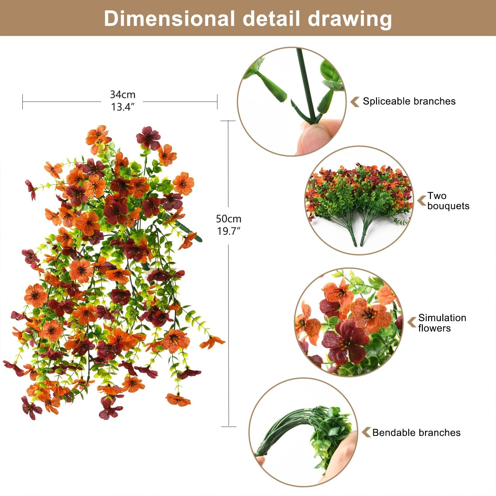 Dimensional detail drawing of faux silk daisy artificial hanging flowers with eucalyptus leaves, showing dimensions and close-ups of features.