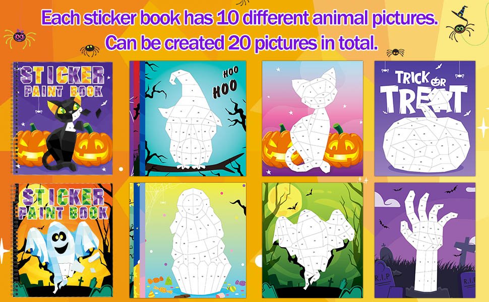 Collage of Halloween-themed sticker paint books for kids, showing cover art and interior pages with numbered sections for stickers.