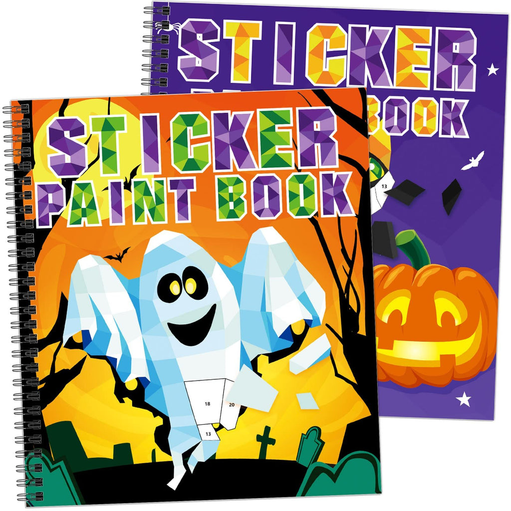 Two Halloween-themed sticker paint books, one with a ghost and the other with a pumpkin, shown from the front.