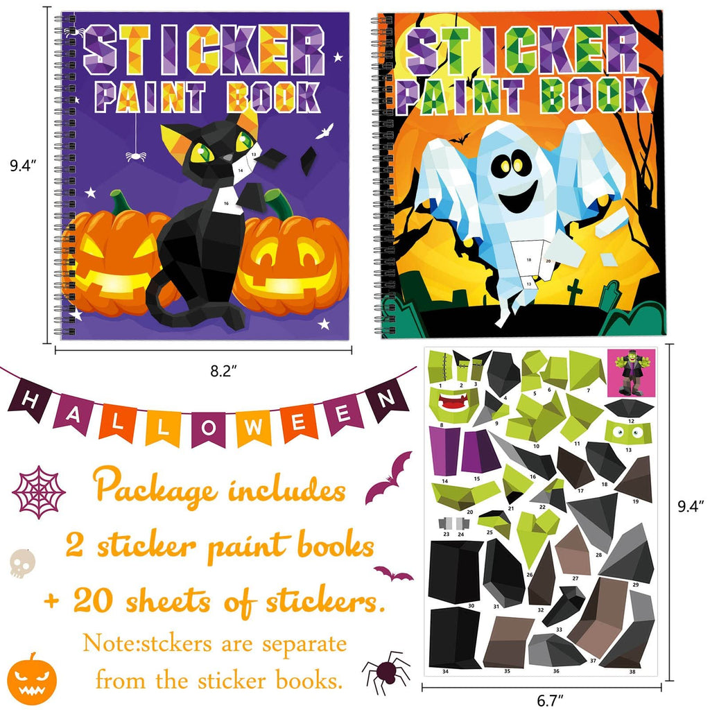 Two Halloween sticker paint books and a sheet of stickers with numbered pieces for assembly.