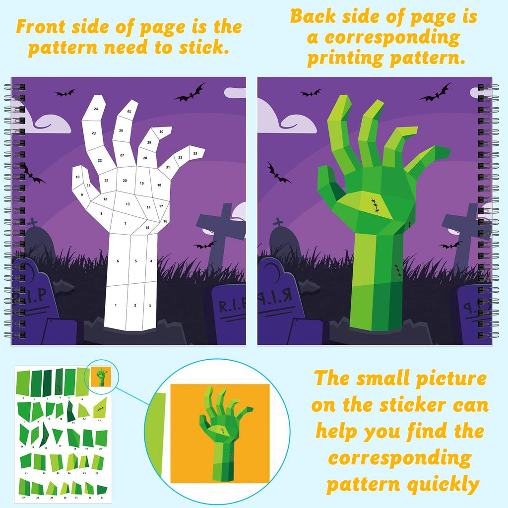 Sticker paint book pages showing a numbered outline of a zombie hand and the completed colored version, with sticker sheets below.