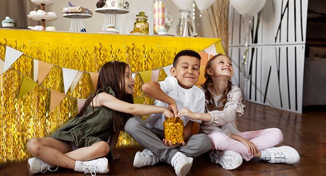 Three children sitting on the floor in front of a gold fringe curtain and party decorations, sharing a jar of snacks.