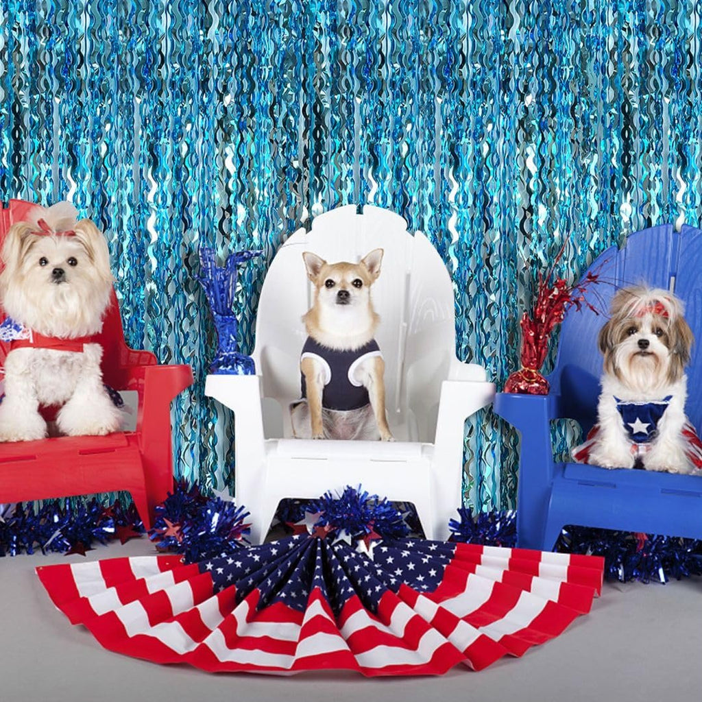 Three dogs in Adirondack chairs with a blue foil fringe curtain backdrop and patriotic decorations.