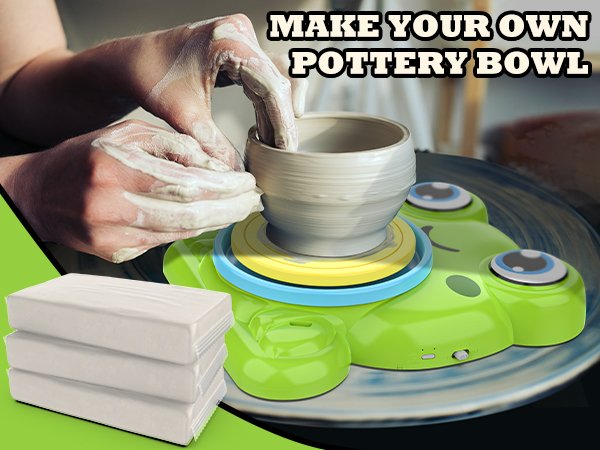 Hands working on a pottery wheel with a stack of white clay blocks in the foreground.