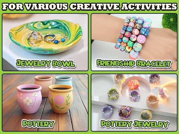 Collage of four images showing creative activities with air dry clay: jewelry bowl, friendship bracelet, pottery, and pottery jewelry.