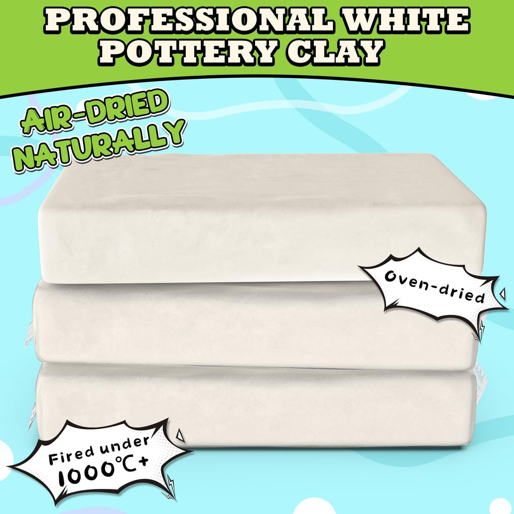 Three blocks of white air-dry pottery clay stacked, with text overlays describing drying and firing properties.