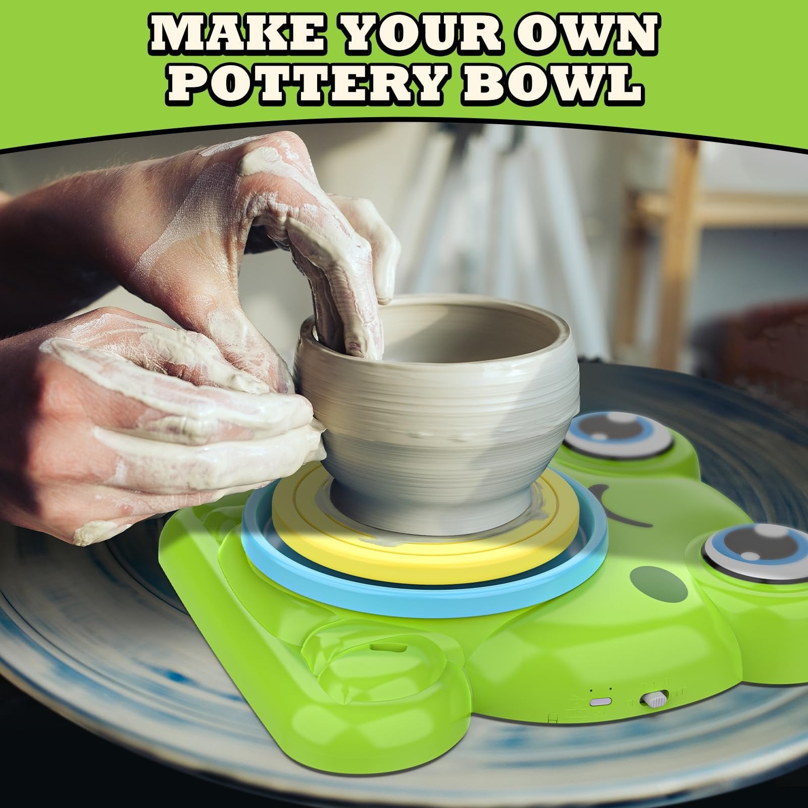Hands covered in clay shaping a bowl on a green frog-shaped pottery wheel.
