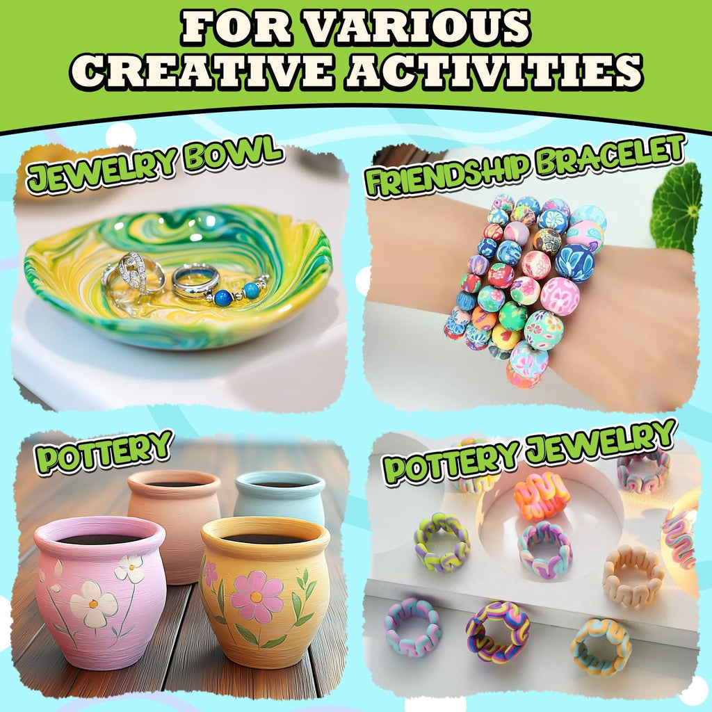 Four panels showing creative activities with air dry clay: jewelry bowl, friendship bracelet, pottery pots, and pottery rings.