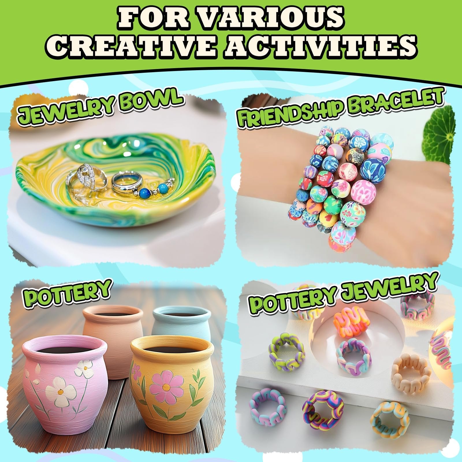 Four panels showing creative activities with air dry clay: jewelry bowl, friendship bracelet, pottery pots, and pottery rings.