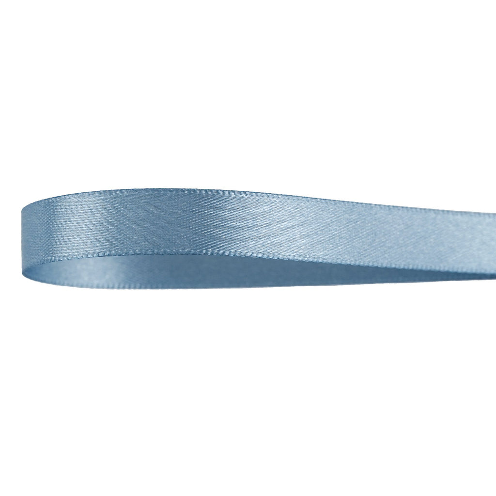Close-up of dusty blue double-sided satin ribbon on a white background, showing texture and sheen.