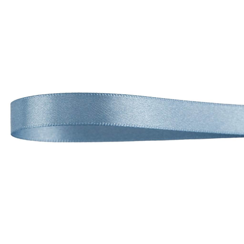 Close-up of dusty blue double-sided satin ribbon on a white background, showing texture and sheen.