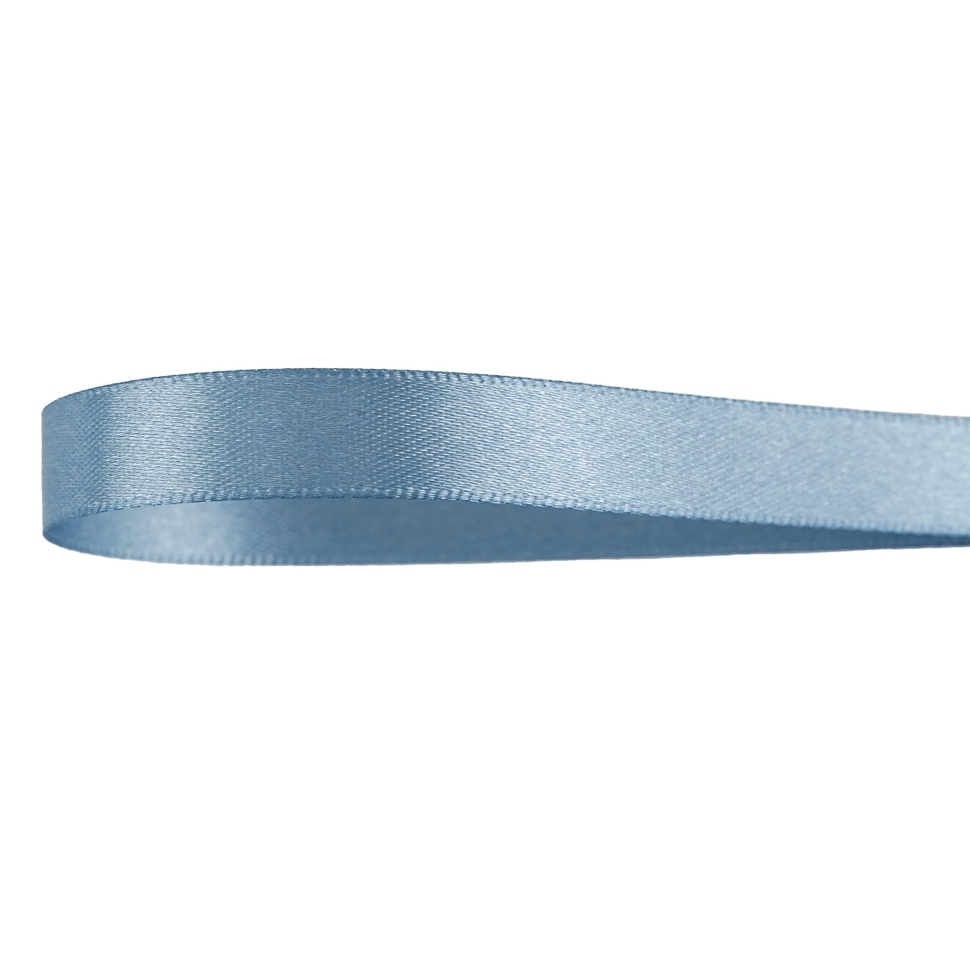 Close-up of dusty blue double-sided satin ribbon on a white background, showing texture and sheen.
