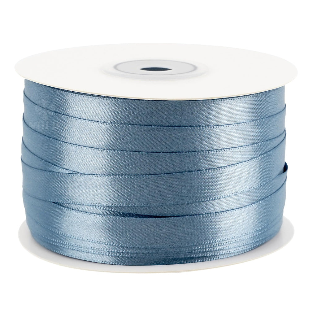 Spool of dusty blue double sided satin ribbon, 3/8 inch width, 100 yards