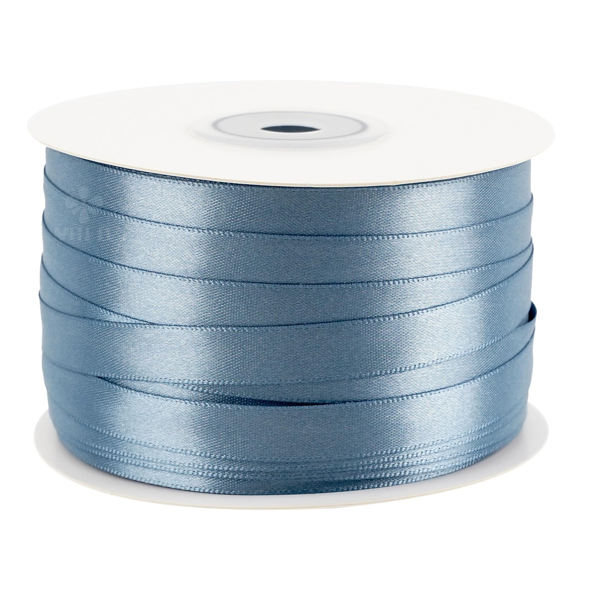 Spool of dusty blue double sided satin ribbon, 3/8 inch width, 100 yards