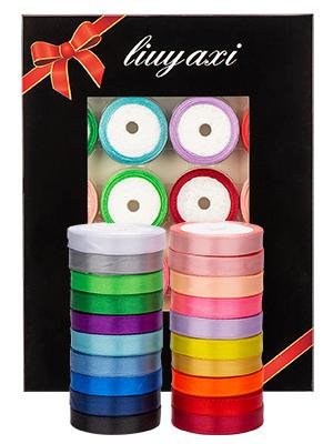 Set of 20 colorful satin ribbon rolls stacked and in box packaging with red bow