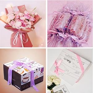 Collage of four images showing satin ribbon used for gift wrapping, floral arrangements, and candy packaging.