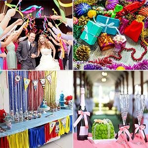 Collage of four images showing satin ribbon used for celebrations and crafts