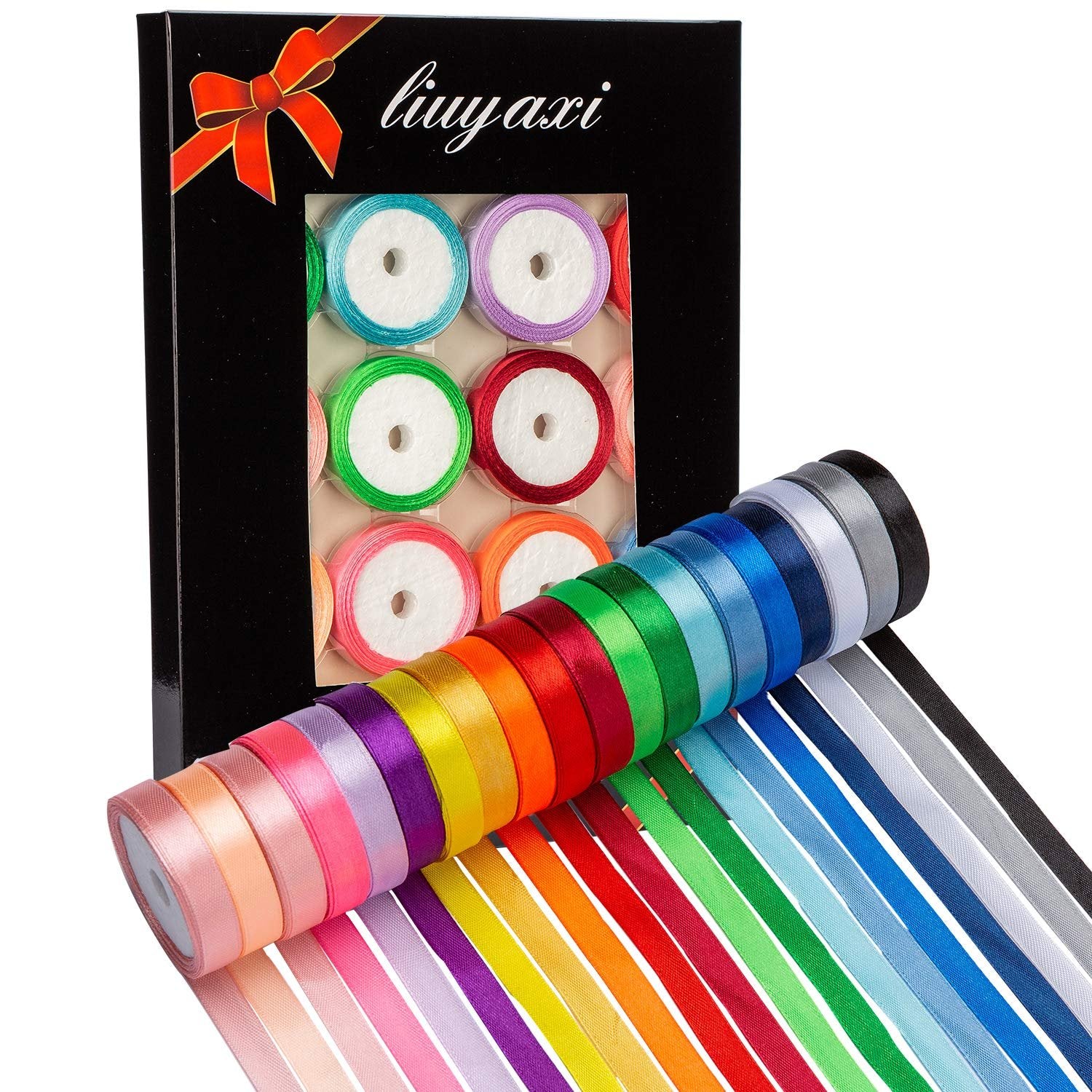 Set of 20 colorful satin ribbon rolls spilling out of a black box with a red bow graphic.