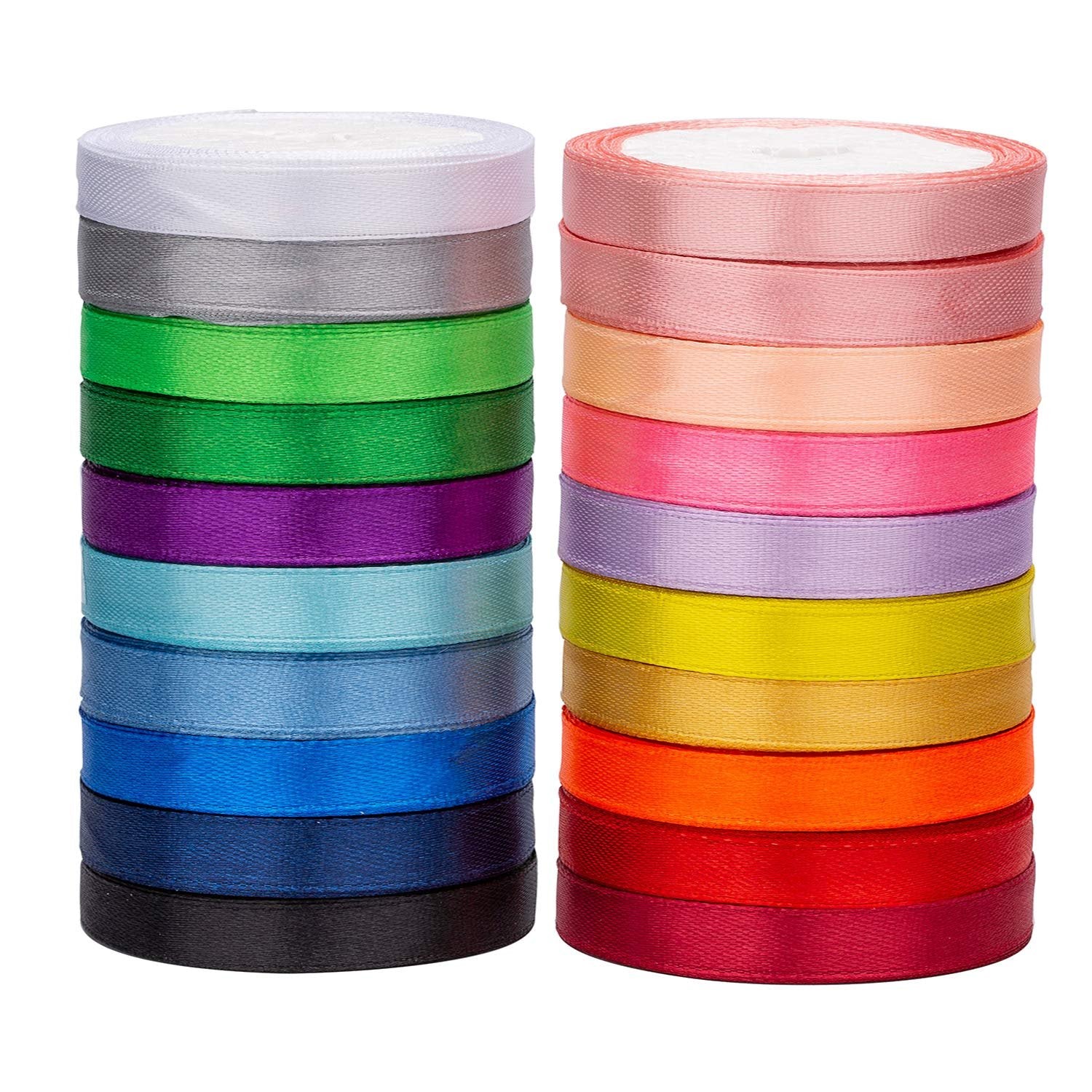 Two stacks of colorful satin ribbon rolls, 10 rolls in each stack, against a white background.