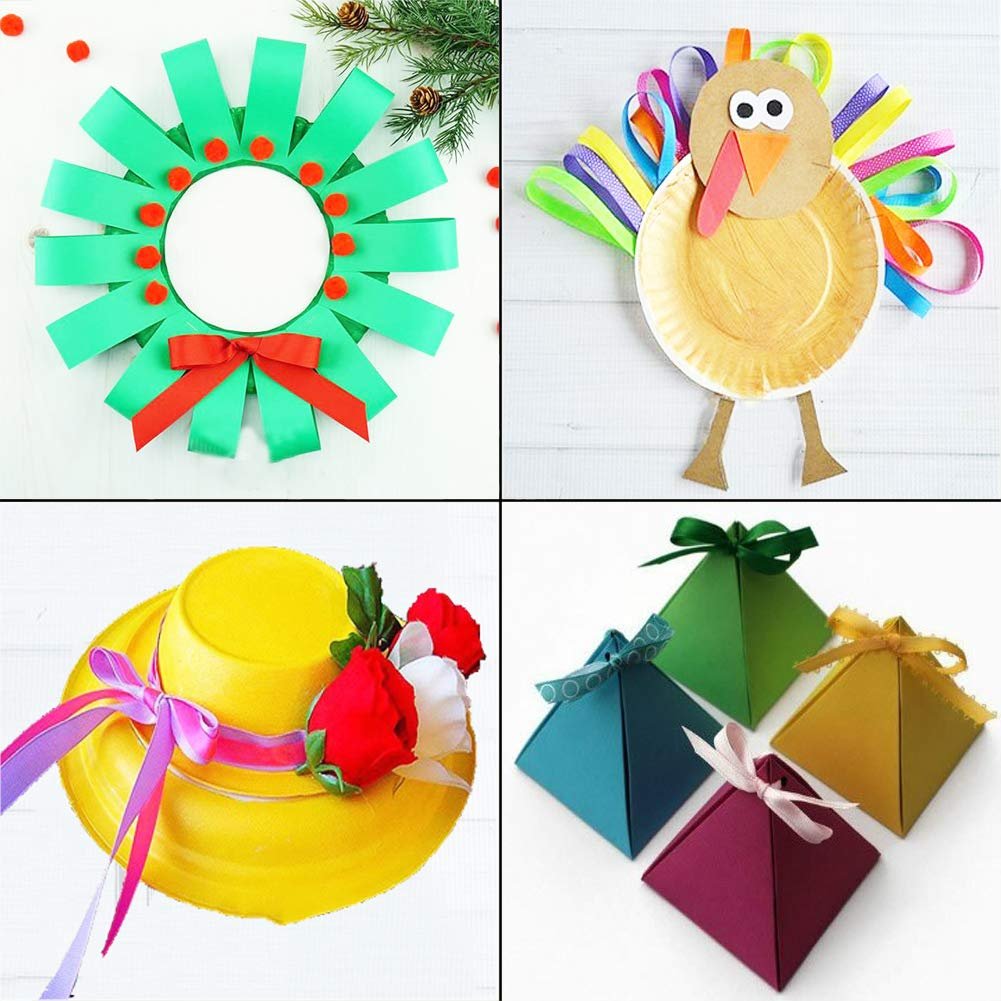 Collage of four craft projects: a green ribbon wreath with red pom-poms, a paper plate turkey, a yellow hat with ribbon and flowers, and four pyramid gift boxes.