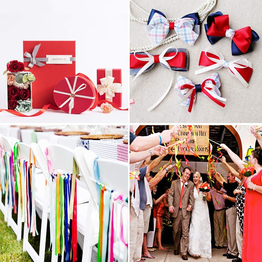 Collage of four images showing satin ribbon used for gift wrapping, hair bows, wedding chair decorations, and a wedding recessional.