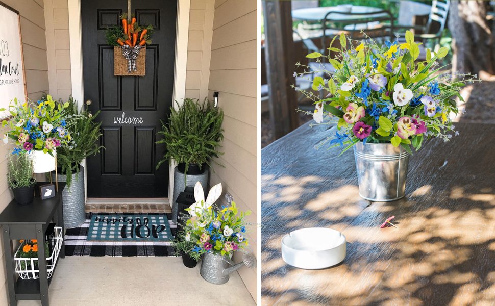 Artificial mixed pansy wildflower bouquets in vases on a table and by a front door.