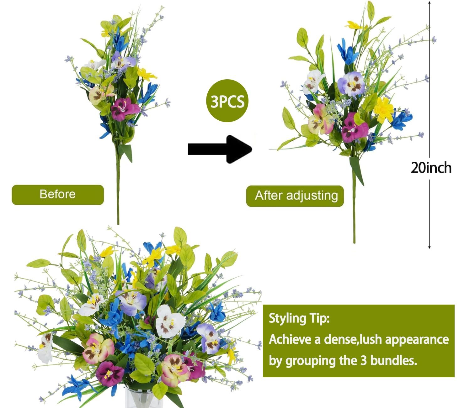 Artificial mixed pansy wildflower bouquets showing before and after styling, with size and quantity indicators.