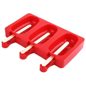 Red silicone popsicle mold with three oval cavities and wooden sticks inserted, shown from a top-down angle.