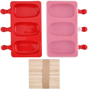 Two silicone popsicle molds, one red and one pink, with a bundle of wooden sticks below.