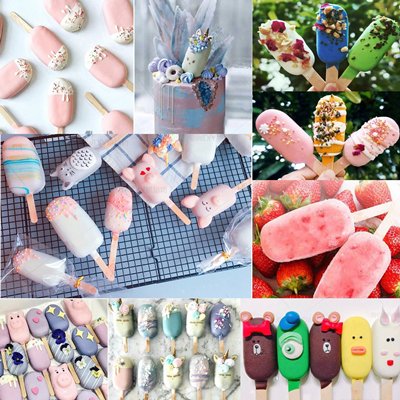 Collage of various decorated ice pops and a cake, some with sprinkles and fruit toppings.