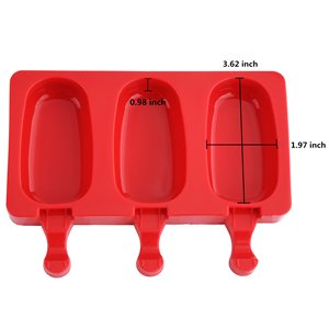 Red silicone popsicle mold with three oval cavities and measurement callouts for dimensions.