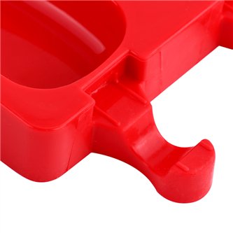 Close-up of a red silicone popsicle mold with three oval cavities and a lid, showing the handle detail.