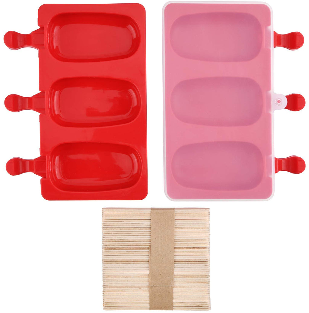 Two oval silicone popsicle molds, one red and one pink, with a stack of wooden sticks below.
