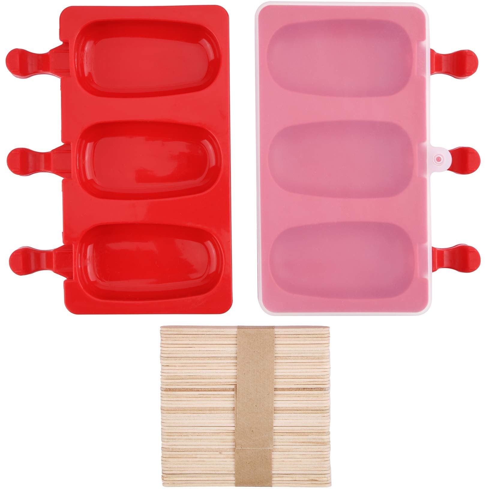 Two oval silicone popsicle molds, one red and one pink, with a stack of wooden sticks below.