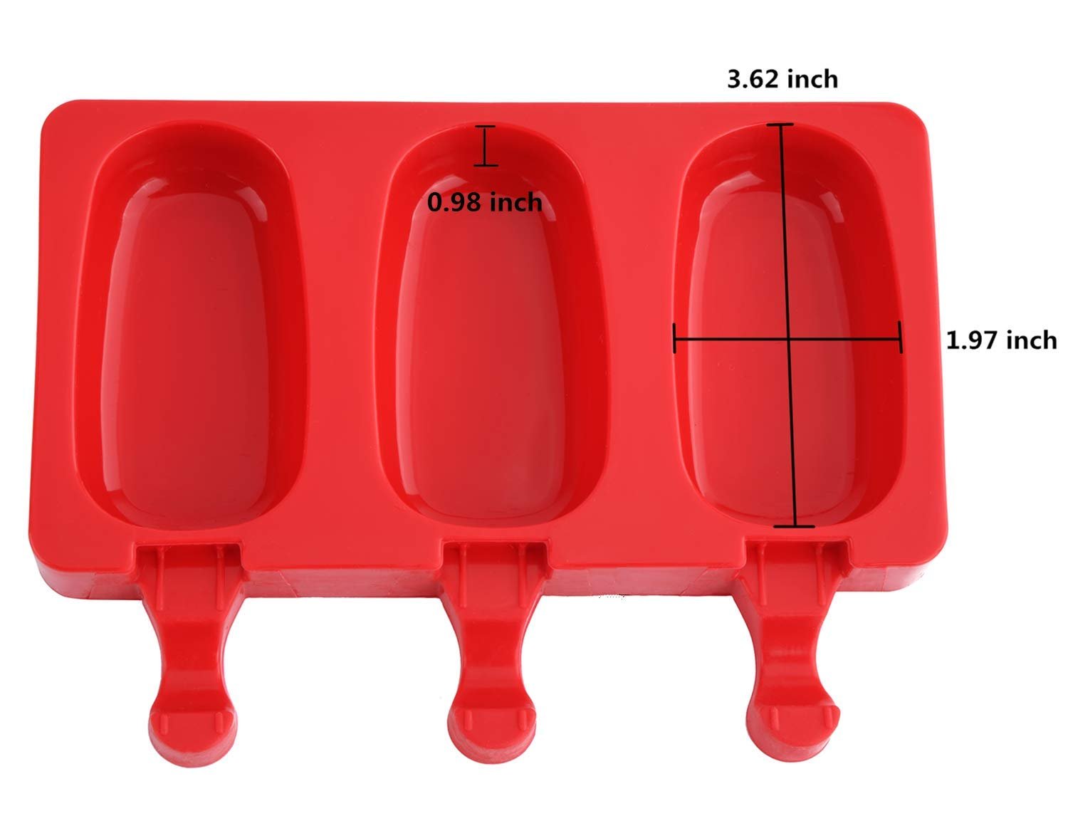 Red silicone popsicle mold with three oval cavities and measurement callouts for dimensions.
